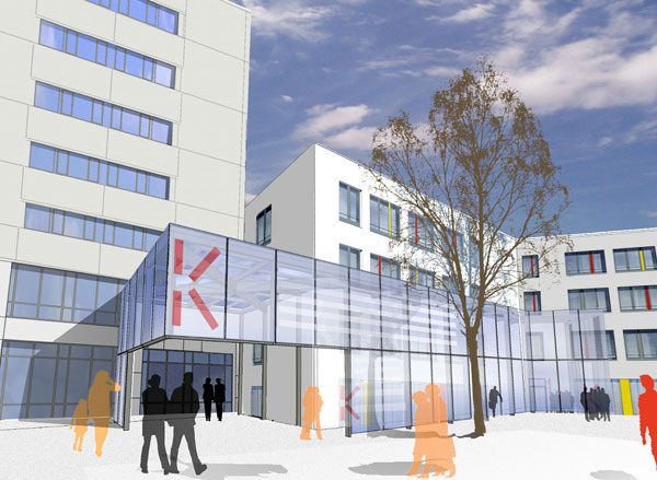 Der neue Glasvorbau des Haupteingangs des RKK